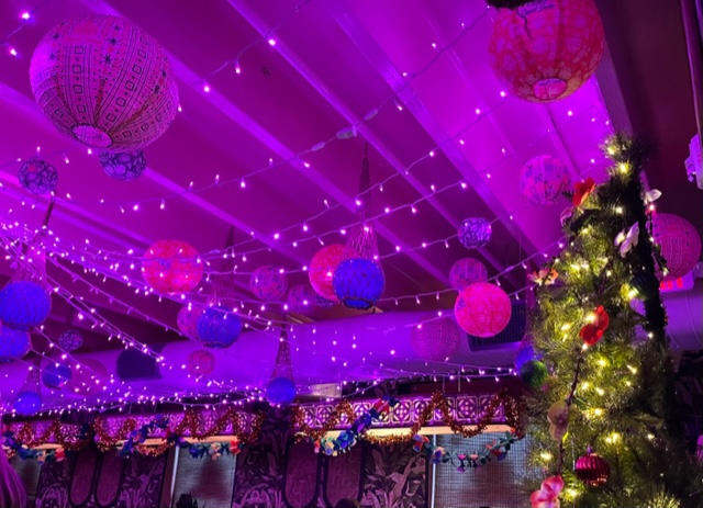 colorful decorative lighted ceiling at Royal Tot
