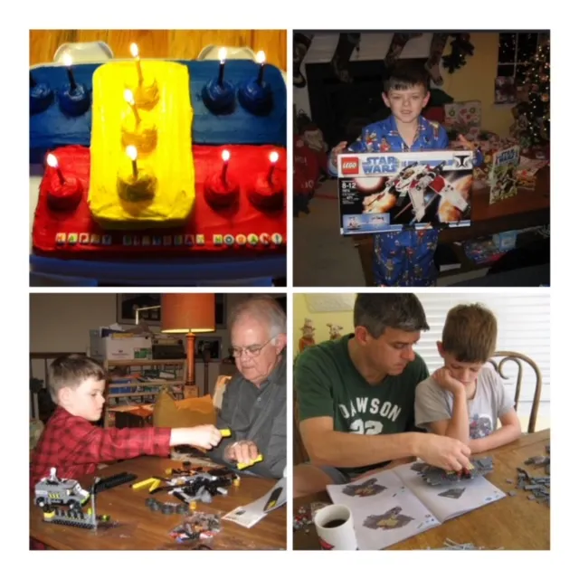 collage of LEGO cake, child with LEGO set at Christmas, child assembling LEGO sets with father and grandfather